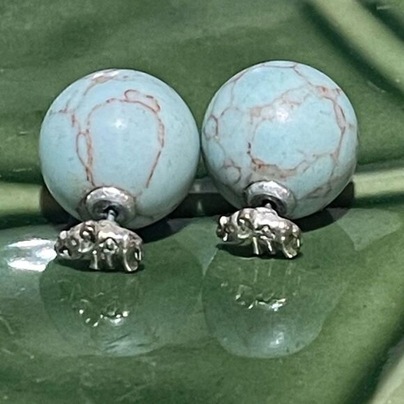 Miniature Elephant Earrings with Turquoise Ball Backs - Picture 1 of 4